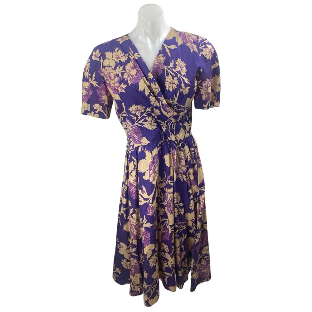 Liz Claiborne Purple Floral Short Sleeve Faux Wrap Fit & Flare Midi Dress Size 8